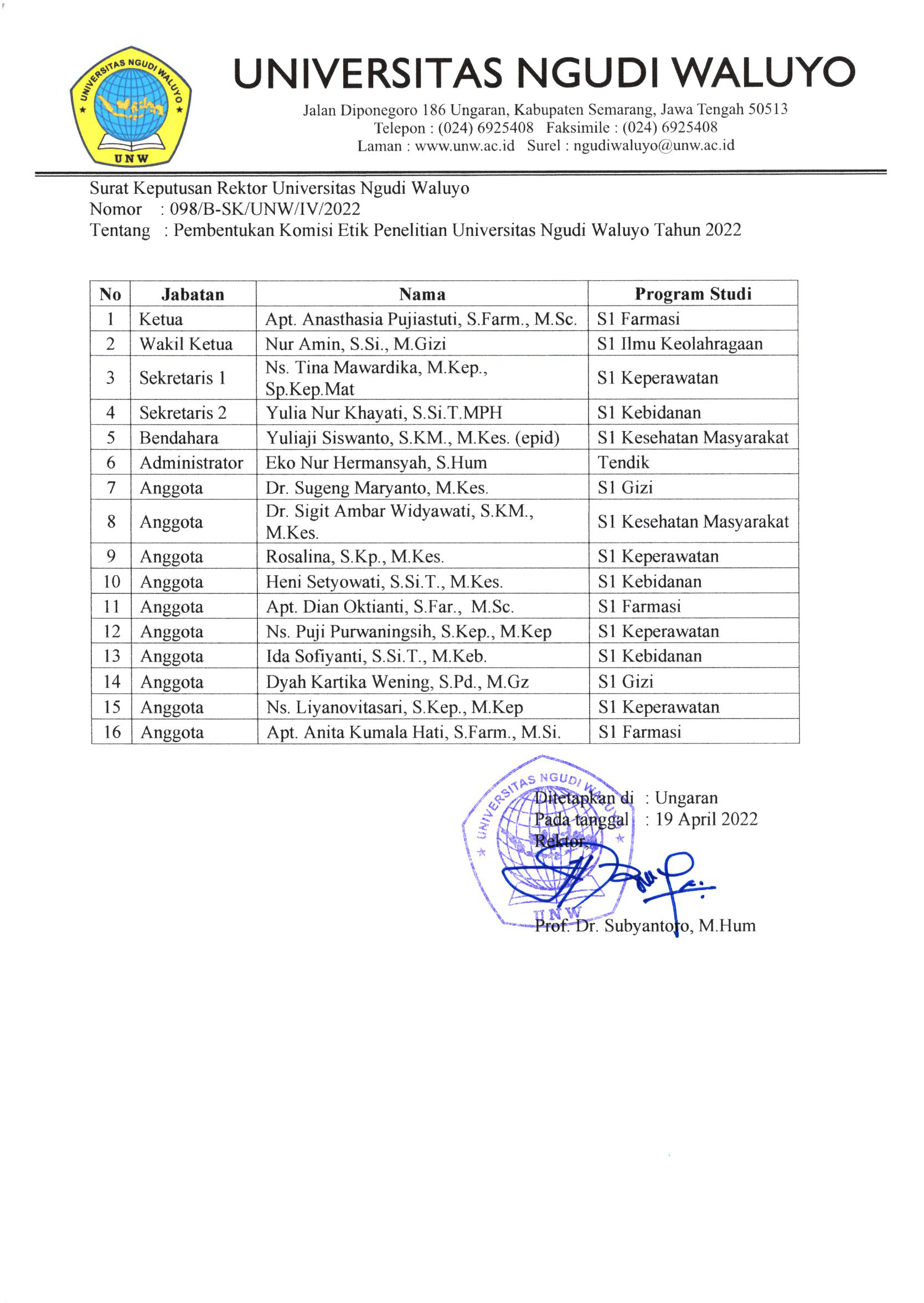 Struktur Organisasi Komisi Etik Penelitian Universitas Ngudi Waluyo